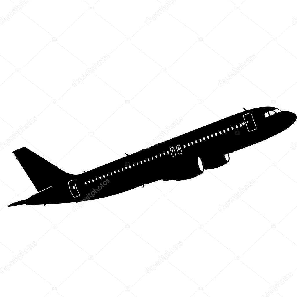 Silhouette passenger aircraft on a white background.