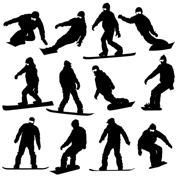 Silhouettes noires placent des snowboarders sur fond blanc . — Image vectorielle