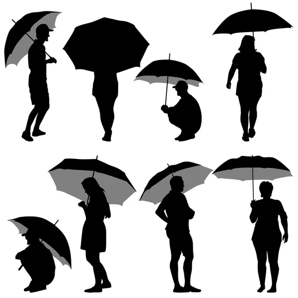 Silhouettes noires homme et femme sous parapluie . — Image vectorielle