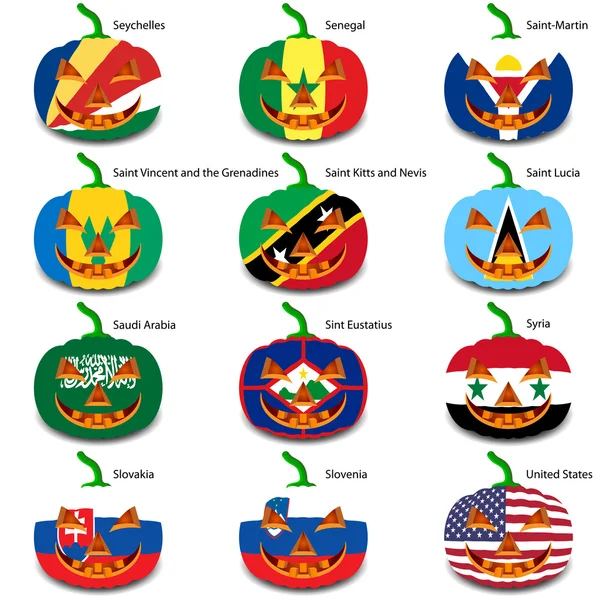 Establecer calabazas para Halloween como banderas del mundo. Vector illus — Vector de stock