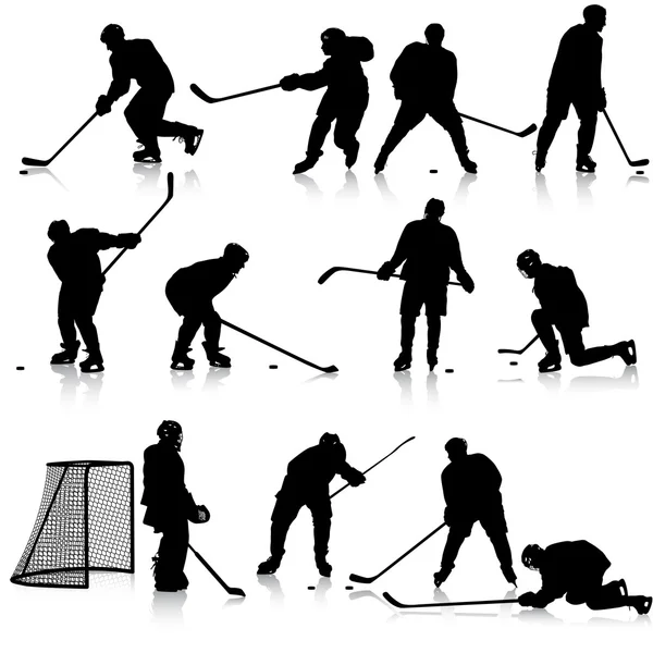 Satz von Silhouetten von Hockeyspieler. isoliert auf weiß. Illustrationen — Stockvektor