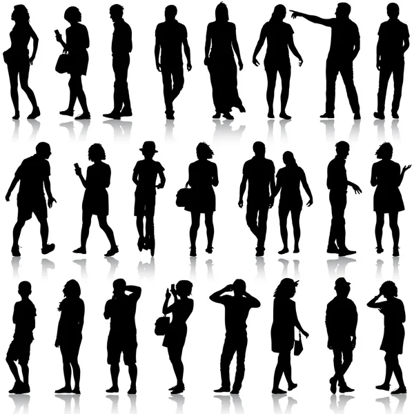 Silhouettes noires de beaux hommes et femmes sur fond blanc — Image vectorielle