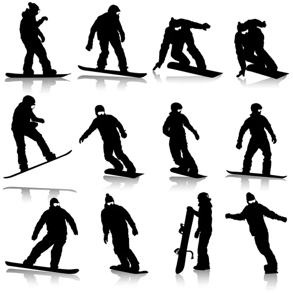 Las siluetas negras establecen snowboarders sobre fondo blanco. Vector i — Archivo Imágenes Vectoriales