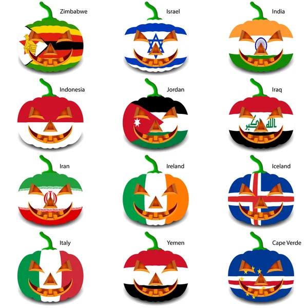 Pompoenen voor halloween instellen als een lijst van vlaggen van de wereld. vector illus — Stockvector