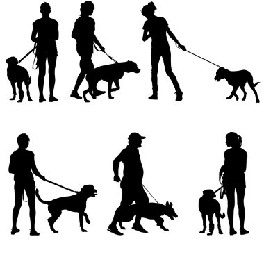 İnsan ve köpek siluetleri. Vektör illüstrasyonu.