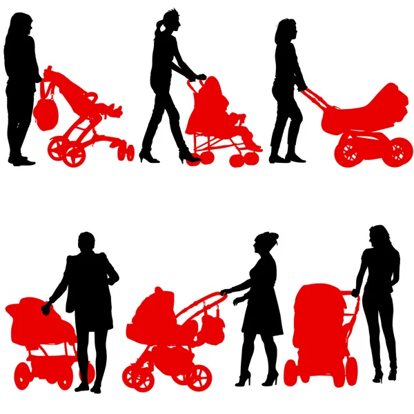 Silhouetten spazieren Mütter mit Kinderwagen. Vektorunlust — Stockvektor