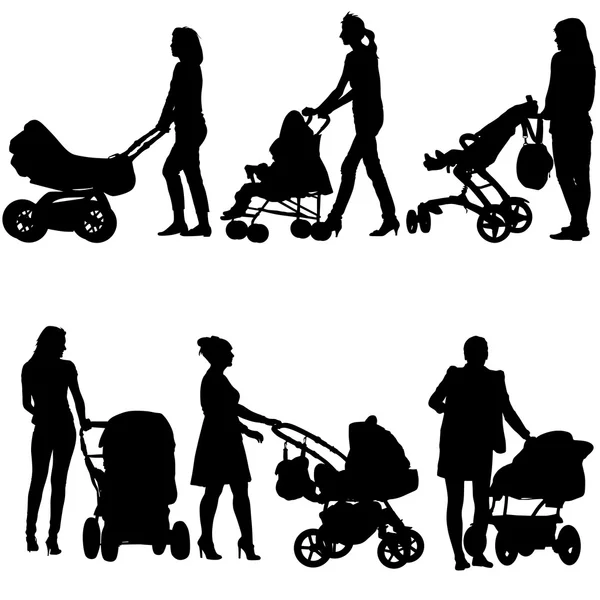 Siluetas paseando madres con cochecitos de bebé. Ilustración vectorial — Vector de stock