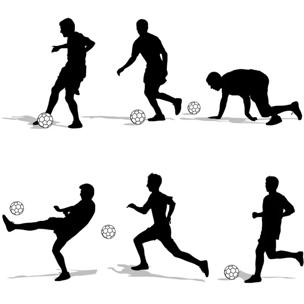 Establecer siluetas de los jugadores de fútbol con la pelota. Vector ilustra — Vector de stock