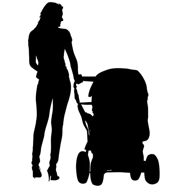 Silhouettes promenades mères avec poussettes pour bébés. Poussière vectorielle — Image vectorielle