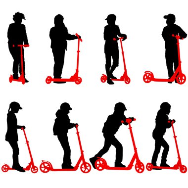 Set of silhouettes of children riding on scooters. Vector illust clipart