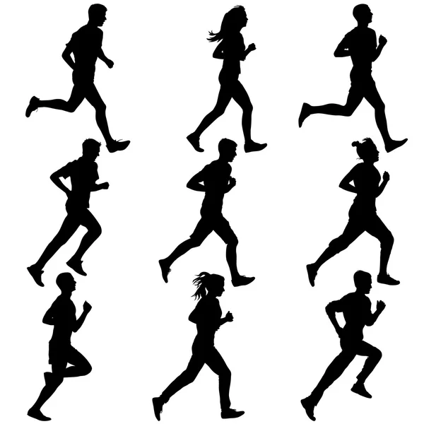 Ensemble de silhouettes. Coureurs au sprint, les gars. illustration vectorielle. — Image vectorielle