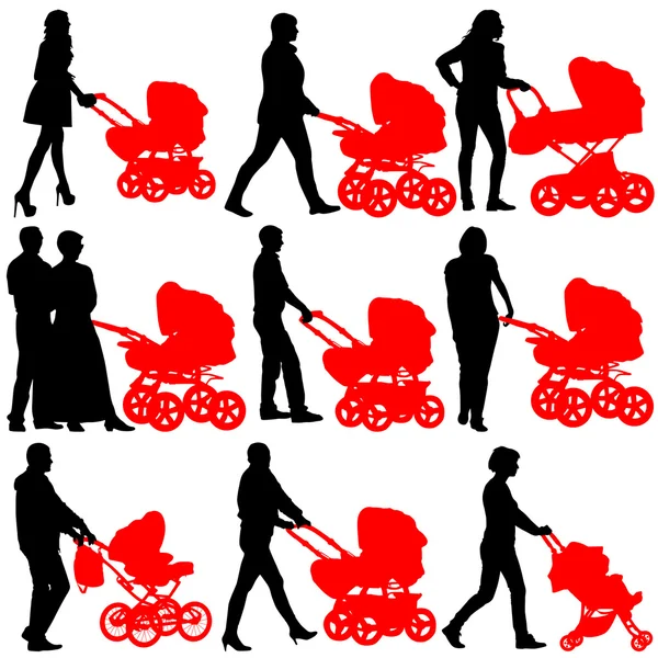 Siluetas paseando madres con cochecitos de bebé. Ilustración vectorial — Vector de stock