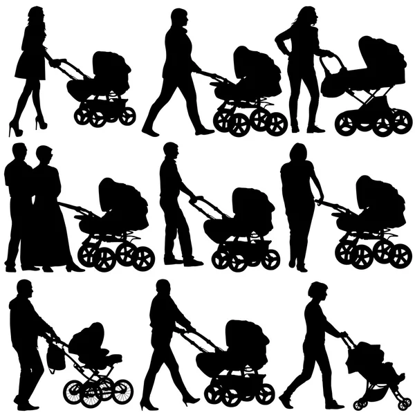 Silhouette cammina madri con passeggini. Polvere vettoriale — Vettoriale Stock