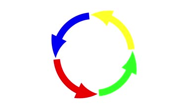 Dönen beyaz arka plan üzerinde izole oklarla daire renkli. 2D animasyon.