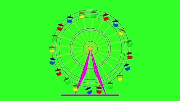 Buntes Riesenrad vor halsbrecherischen Kabinen auf grünem Leinwandhintergrund. Animation. — Stockvideo
