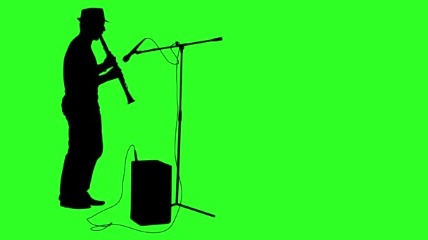 Silhouet muzikant speelt de klarinet. Groen scherm beelden. animatie. — Stockvideo