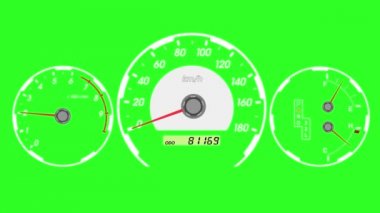 Hız göstergesi spor araba, başlangıç hızlanma ve frenleme. Yeşil ekran arka planı. animasyon.