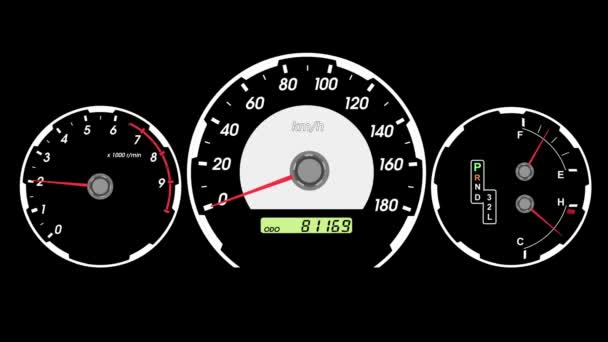 Compteur de vitesse voiture de sport, démarrage accélération et freinage. fond d'écran noir. animation . — Video