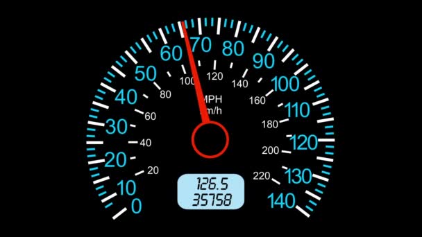 Compteur de vitesse voiture de sport, démarrage accélération et freinage. fond d'écran noir. animation . — Video