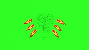 İçten yanmalı motor, egzoz borusu ateşten ile. Yeşil ekran arka planı. animasyon.