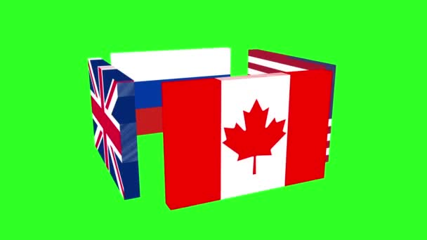 Les drapeaux des grandes puissances mondiales tournent autour. Fond d'écran vert. animation . — Video