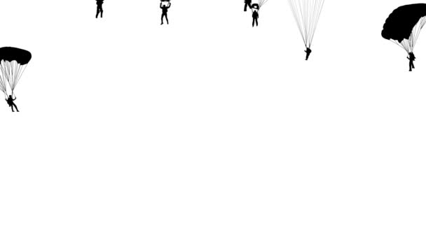 Set skydiver, silhouetten parachutespringen. Wit schermachtergrond. animatie. — Stockvideo