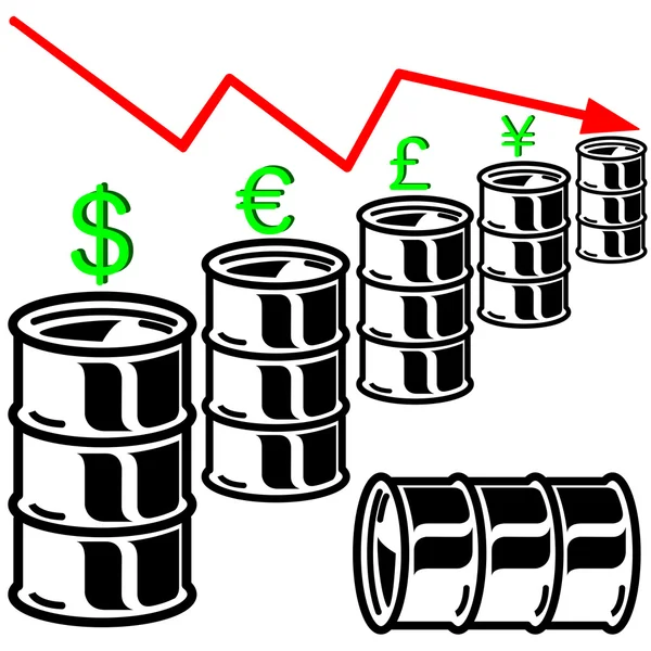 Grafico del barile di petrolio con freccia rossa rivolta verso il basso. Illustri vettoriali — Vettoriale Stock