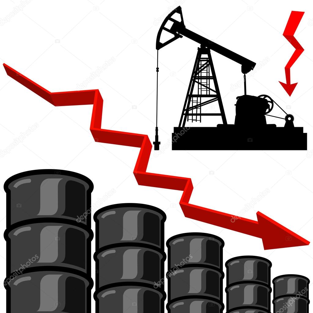 Oil barrel graph with red arrow pointing down. Vector illustrati