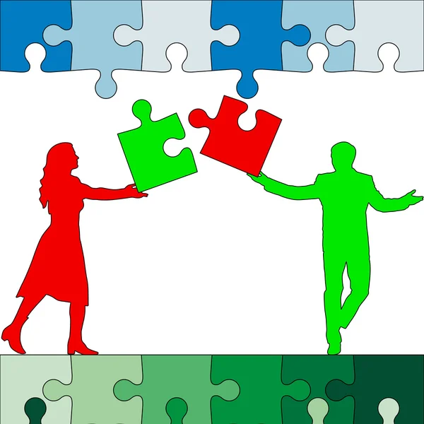 Jigsaw puzzle houden silhouetten van mannen en vrouwen groen en rood. V — Stockvector