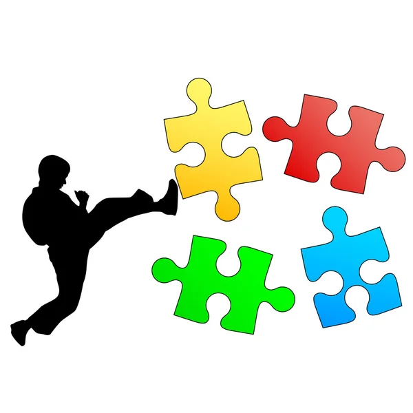 Jigsaw puzzle silhouet van karate breekt been. Vector illustrati — Stockvector