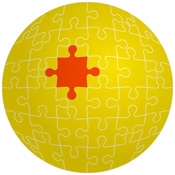 Jigsaw puzzle w kształcie kuli z jedną czerwoną. Pokazanego wektor — Wektor stockowy