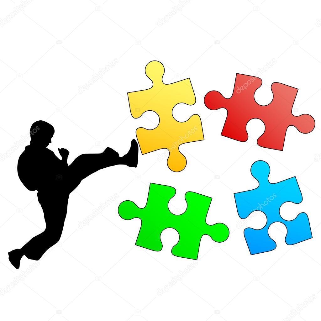 Jigsaw puzzle silhouette of karate breaks leg. Vector illustrati