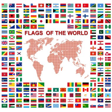 Dünya ve harita beyaz arka plan üzerinde bayrakları. Vektör illustra