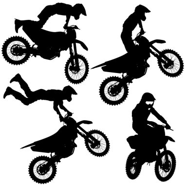Siluetleri Motocross binici bir motosiklet üzerinde ayarlayın. Vektör illustra