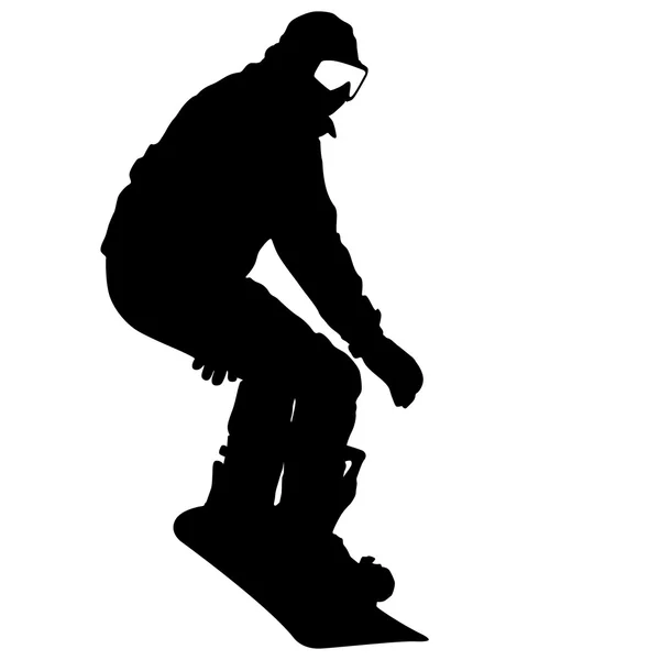 Silueta negra snowboarder sobre fondo blanco. Ilustración vectorial — Vector de stock