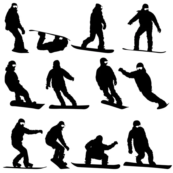 Las siluetas negras establecen snowboarders sobre fondo blanco. Vector i — Archivo Imágenes Vectoriales