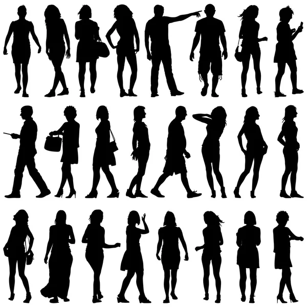 Silhouettes noires de beaux hommes et femmes sur fond blanc — Image vectorielle