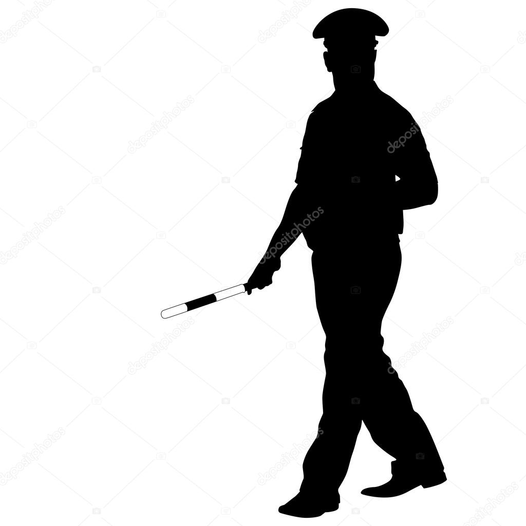 Black silhouettes of Police officer  with a rod on white backgro