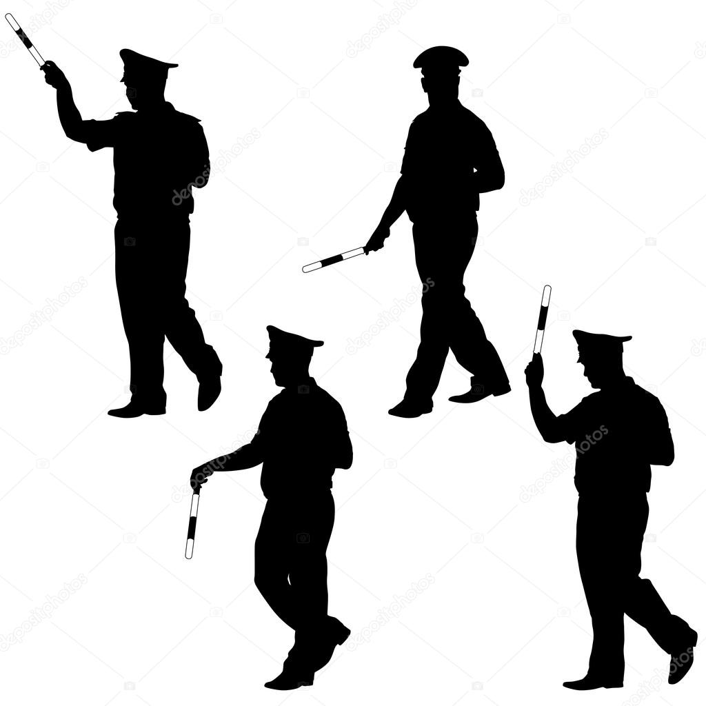 Black silhouettes of Police officer  with a rod on white backgro