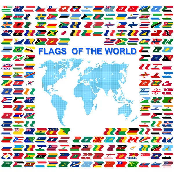 Bandiere del mondo e mappa su sfondo bianco. Vettore illustrativo — Vettoriale Stock
