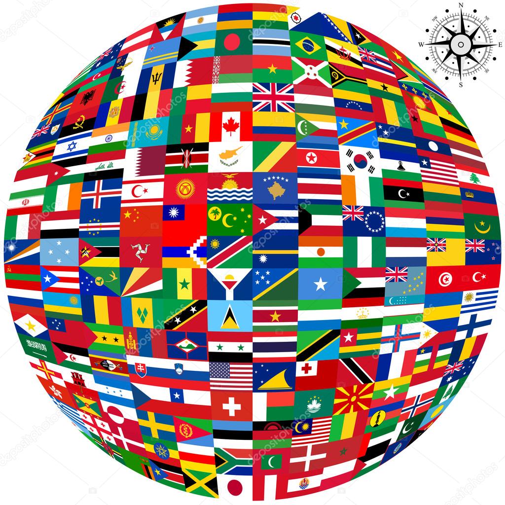 Flags of the world and  map on white background. Vector illustra