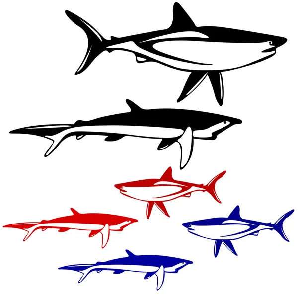 Set shark,  black and white outline. Vector illustration. — Stock Vector