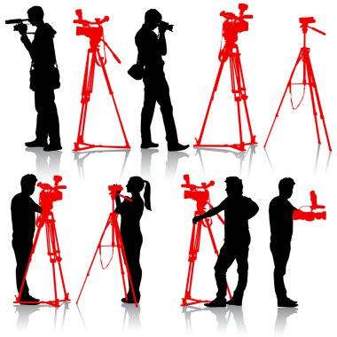 Cameraman with video camera. Silhouettes on white background. Ve clipart