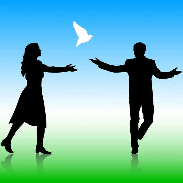 Silhouettes girl and guy released doves into the sky. Vector ill — Stock Vector