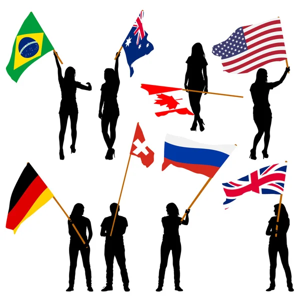 Silhouettes noires d'hommes et de femmes avec drapeaux sur fond blanc — Image vectorielle