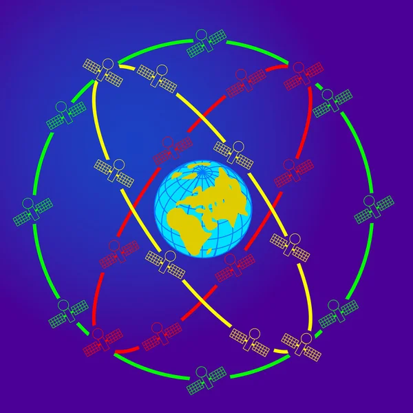 Space satellites in eccentric orbits around the Earth — Stock Vector