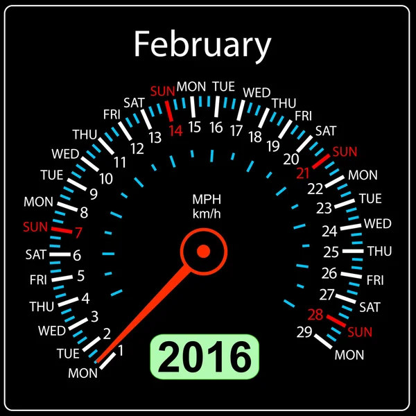 2016 rok kalendáře rychloměr auto. Února. Vektorové illustrati — Stockový vektor