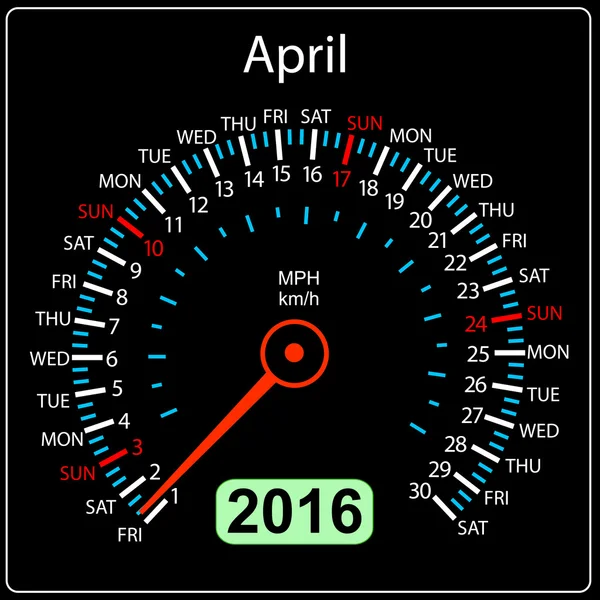 2016 års kalender hastighetsmätare bil. April. Vektor illustration. — Stock vektor