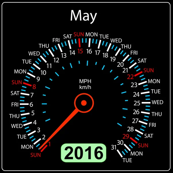 2016 anno calendario tachimetro auto. May. Illustrazione vettoriale . — Vettoriale Stock