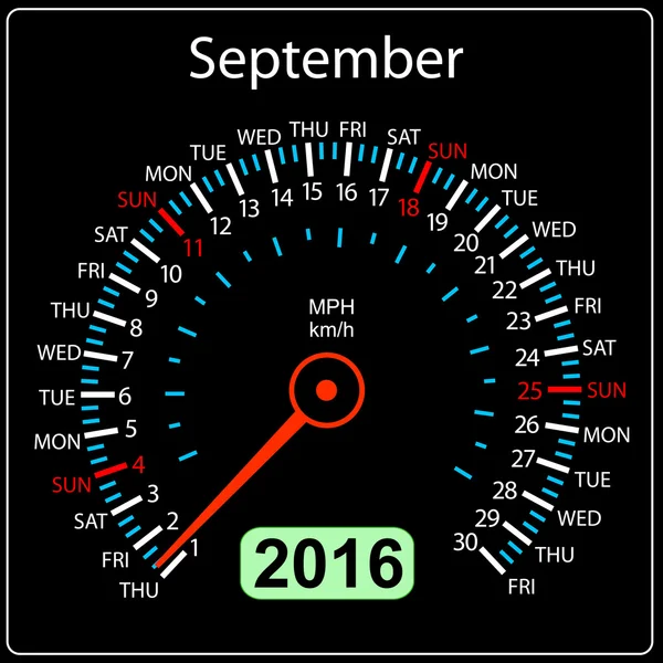 2016 year calendar speedometer car. September. Vector illustrati — Stock Vector